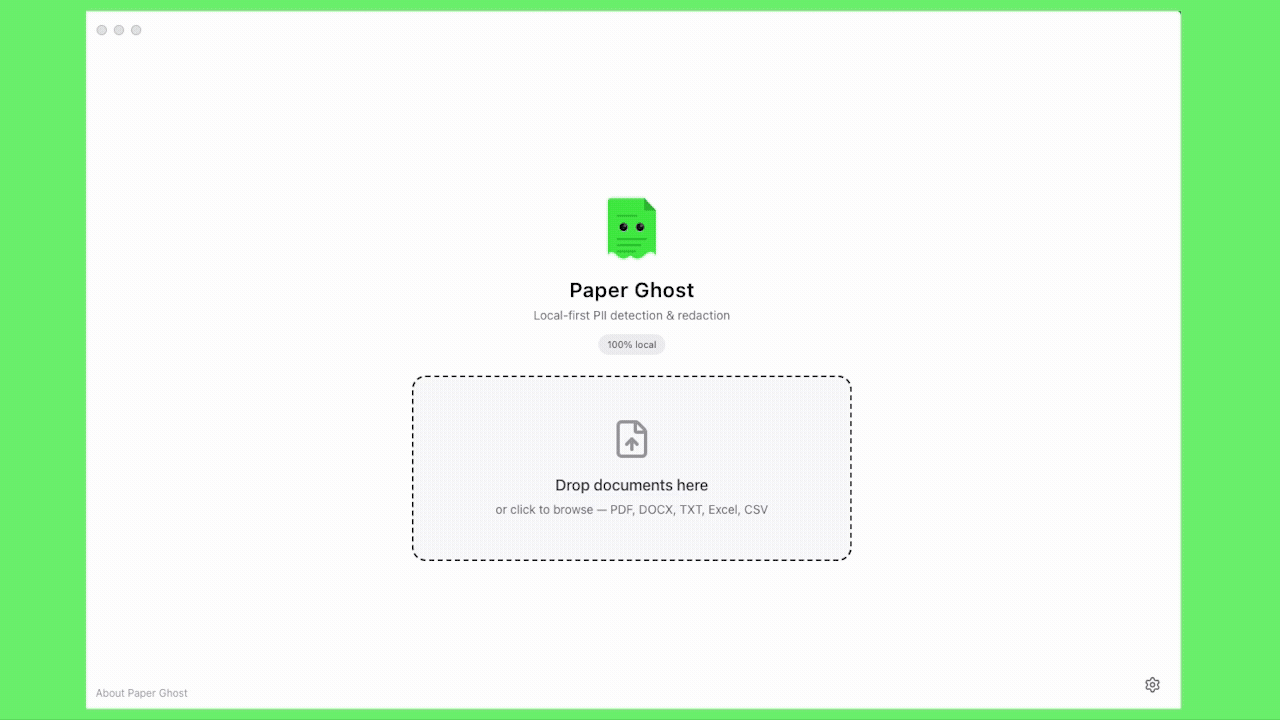 Paper Ghost demo: drop a document, review PII detections, export a clean redacted copy